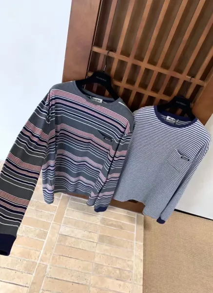 Miu Miu Striped Long-Sleeve T-Shirt with Chest Pocket in Gray and Navy - 3