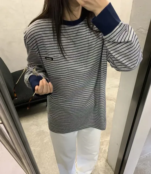 Miu Miu Striped Long-Sleeve T-Shirt with Chest Pocket in Gray and Navy - 7