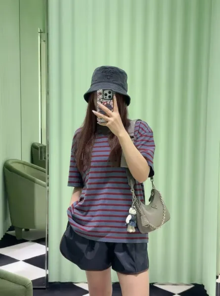 Prada Striped Crewneck T-Shirt with Contrast Collar and Chest Pocket - 9