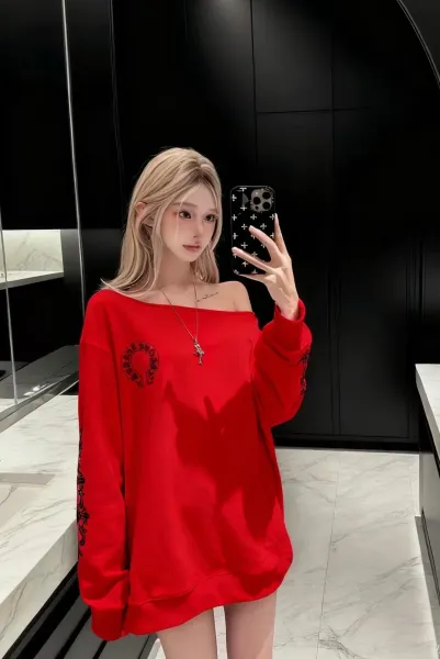 Chrome Hearts x Unspecified Designer Red Off-Shoulder Embroidered Hoodie - 7
