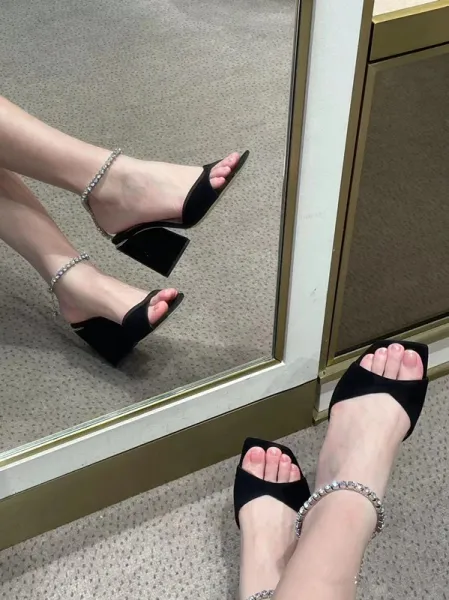 Christian Louboutin Crystal-Embellished Black Suede Block Heel Sandals - 12