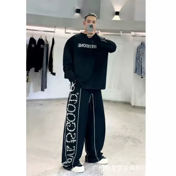 Design Pearl-Embellished Wide-Leg Sweatpants Navy - 25