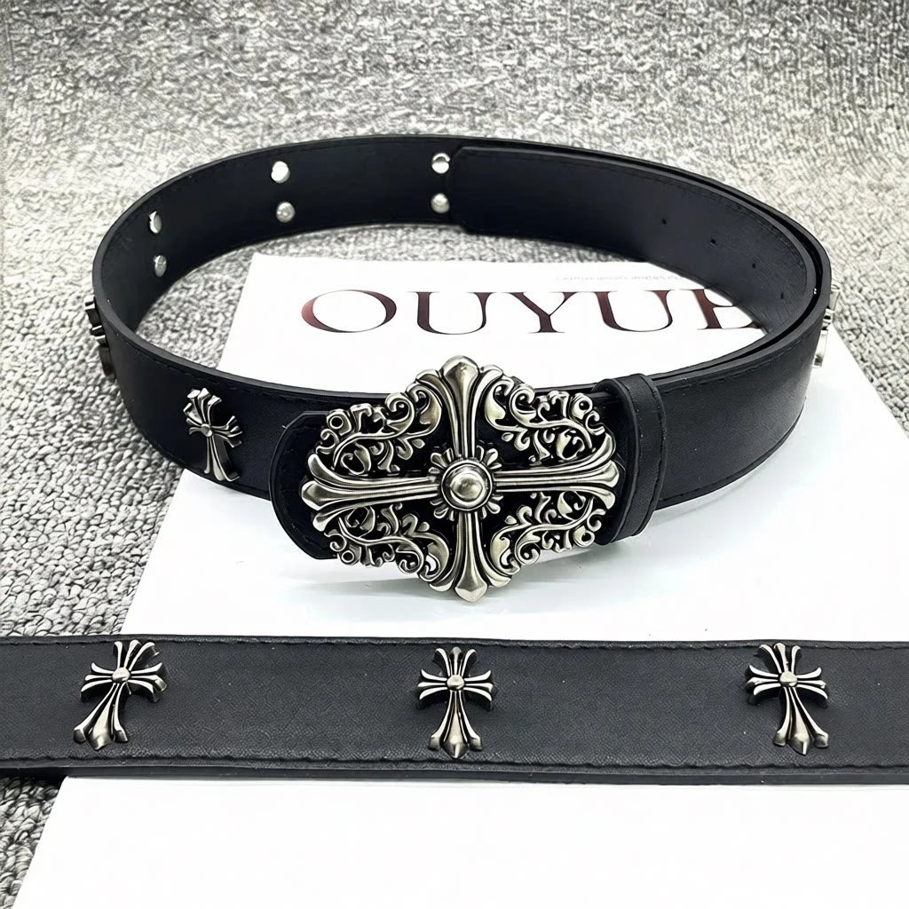 OUYUE Ornate Cross Buckle Black Leather Belt