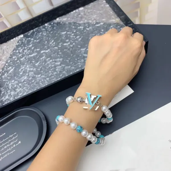 LV-Inspired Turquoise Pearl Bracelet Set - 5