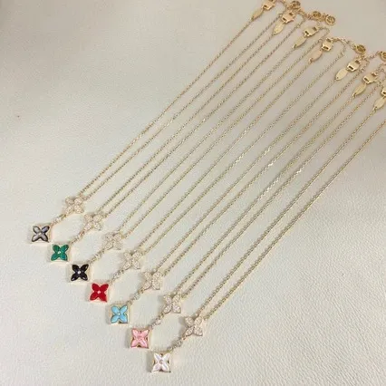 Louis Vuitton Monogram Flower Pendant Necklace Gold Pink Enamel Necklace - 2