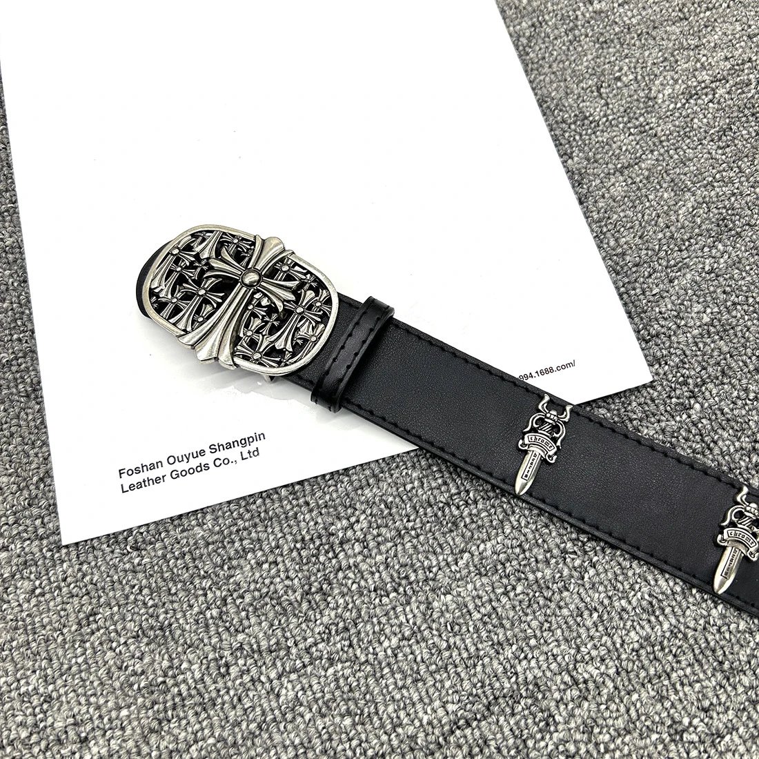 OUYUE Ornate Cross Buckle Black Leather Belt - 33