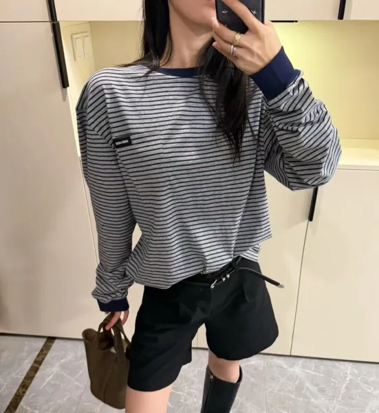 Miu Miu Striped Long-Sleeve T-Shirt with Chest Pocket in Gray and Navy - 9