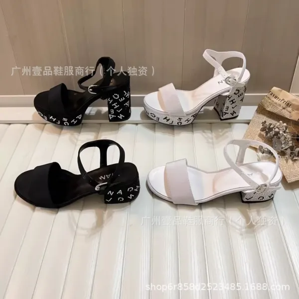 Chanel Logo-Embellished Black Crystal Block Heel Sandals - 3
