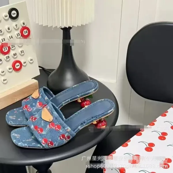 Louis Vuitton Cherry-Print Denim Mule Slippers Blue - 7
