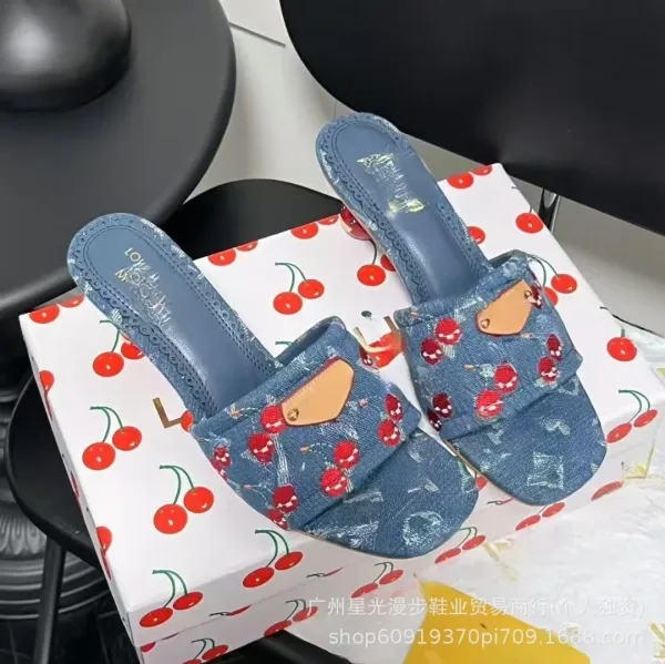 Louis Vuitton Cherry-Print Denim Mule Slippers Blue - 9