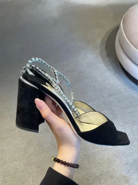 Christian Louboutin Crystal-Embellished Black Suede Block Heel Sandals - 11