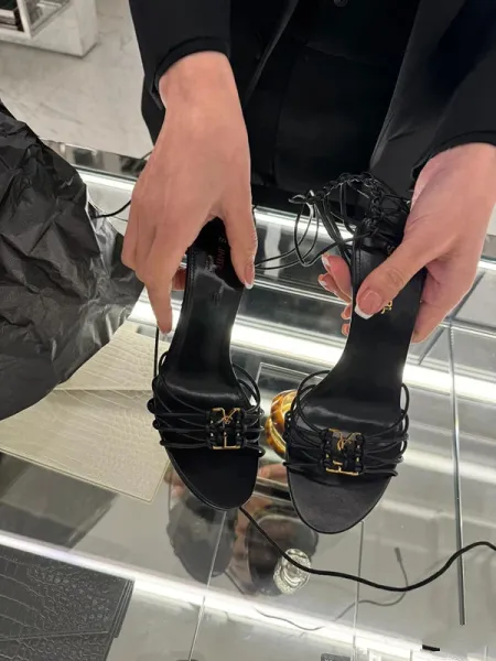 Saint Laurent Monogram Lace-Up Sandals Black Heels - 3