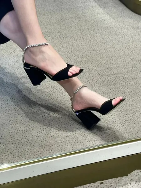 Christian Louboutin Crystal-Embellished Black Suede Block Heel Sandals - 13