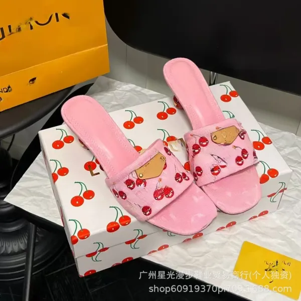 Louis Vuitton Cherry-Print Denim Mule Slippers Blue - 6