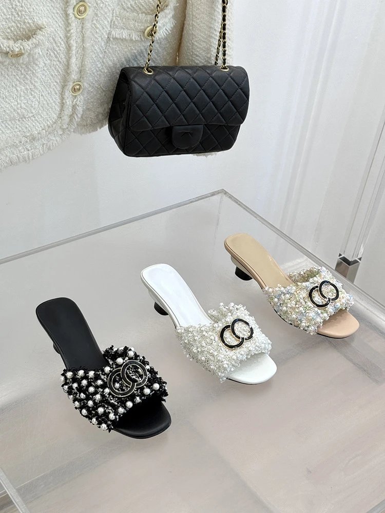 Chanel-inspired Pearl-Embellished Tweed Mule Black Shoes - 2
