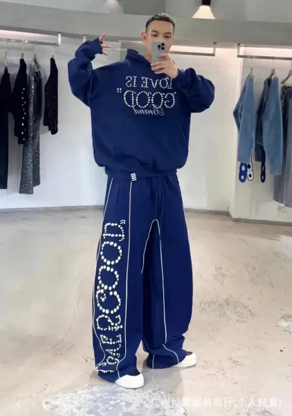 Design Pearl-Embellished Wide-Leg Sweatpants Navy - 3