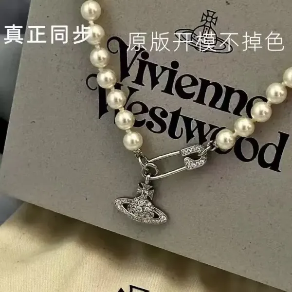 Vivienne Westwood Orb Pearl Safety Pin Necklace Gold - 4