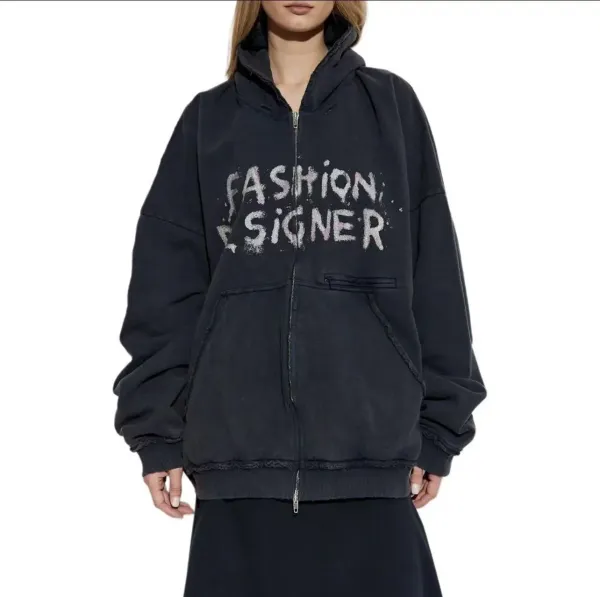 Balenciaga Fashion Designer Distressed Denim Hoodie Black - 4