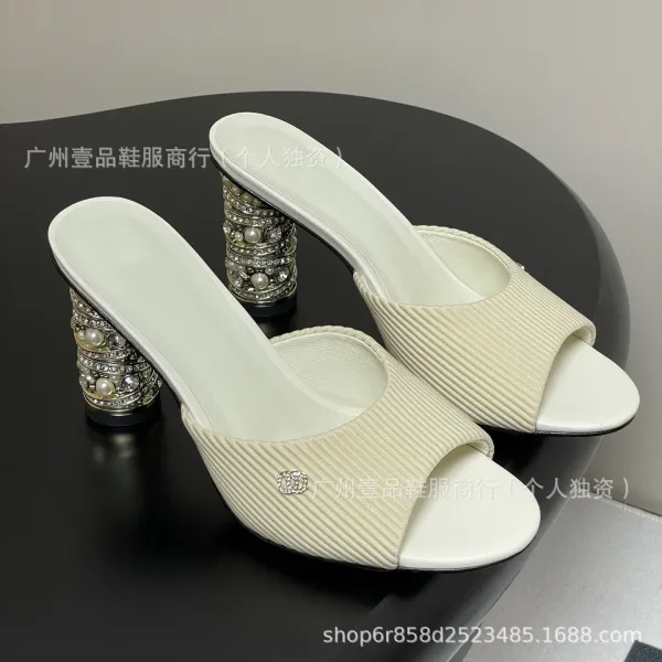 Chanel Mule Sandals with Crystal-Embellished Block Heel in Beige and White - 9