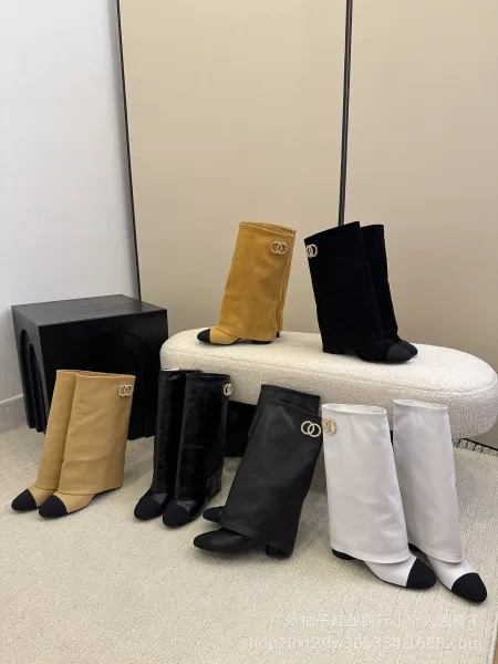 Chanel CC Logo Beige and Black Cap-Toe Knee-High Boots - 2