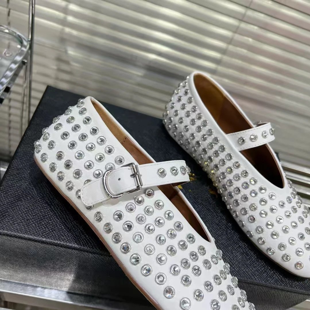 Prada Mary Jane Flat Black Studded Leather Shoes - 32