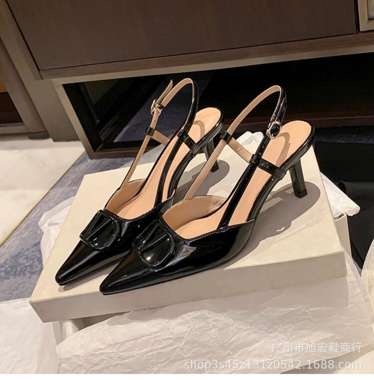 Black Patent Leather Buckle-Embellished Slingback Kitten Heels