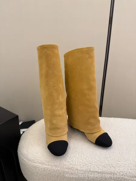 Chanel CC Logo Beige and Black Cap-Toe Knee-High Boots - 13
