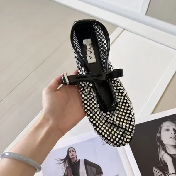 Prada Mary Jane Flat Black Studded Leather Shoes - 36