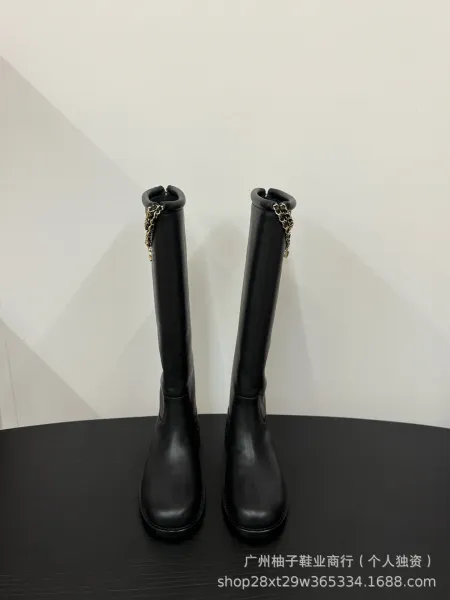 Chanel Chain-Trimmed Knee-High Boots Black - 8