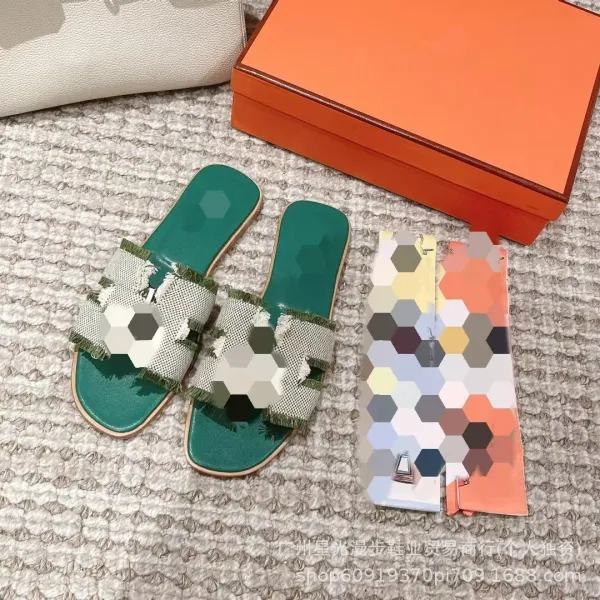 Hermès Oran Slide Sandals Green and Beige Woven Fringe Slippers - 6