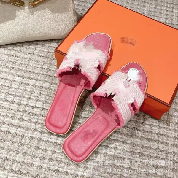 Hermès Oran Slide Sandals Green and Beige Woven Fringe Slippers - 12