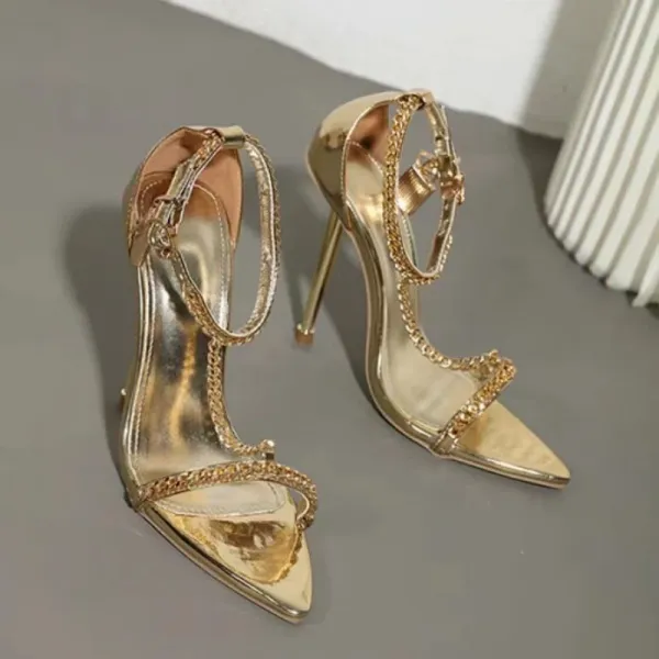 Gold Chain-Embellished Stiletto Heels - 3