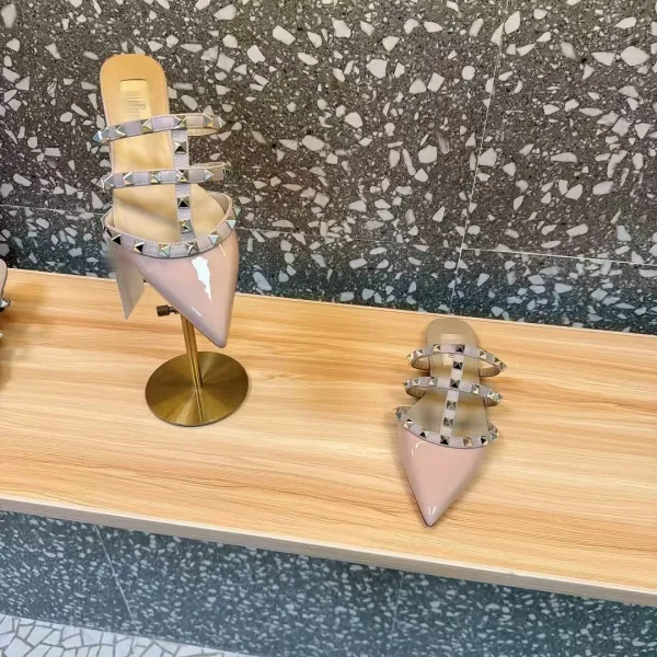 Valentino Rockstud Strappy Mule Beige Patent Leather Heels - 25