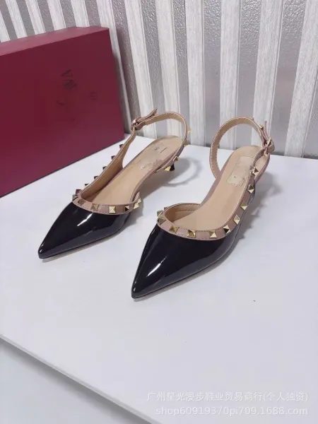 Valentino Rockstud Flat Red Patent Leather Slingback Heels - 5
