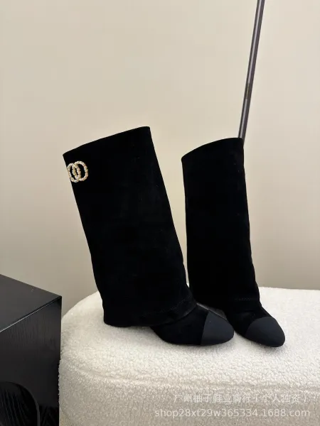 Chanel CC Logo Beige and Black Cap-Toe Knee-High Boots - 8