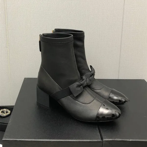 Chanel-Inspired Two-Tone Bow Ankle Boots White Black - 10