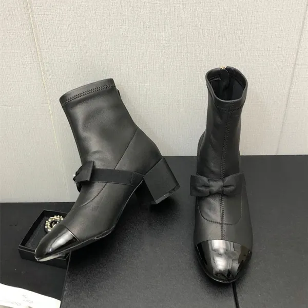 Chanel-Inspired Two-Tone Bow Ankle Boots White Black - 13