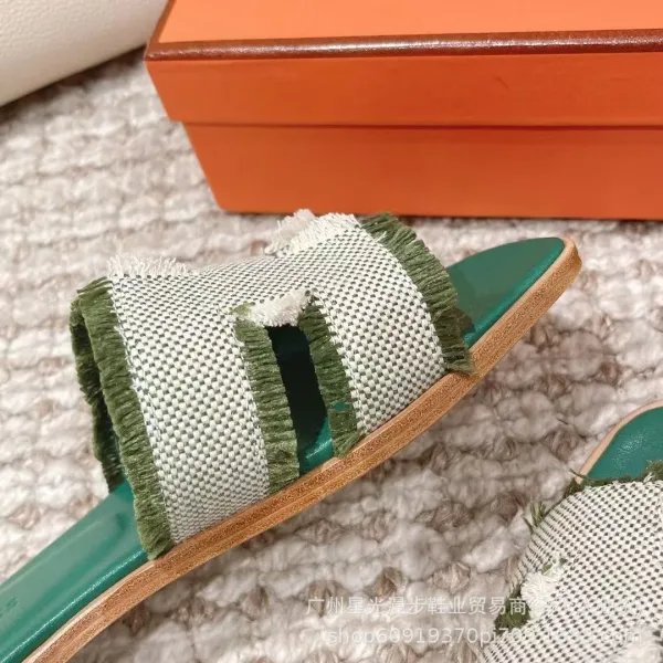 Hermès Oran Slide Sandals Green and Beige Woven Fringe Slippers - 19