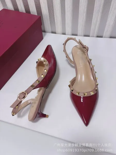 Valentino Rockstud Flat Red Patent Leather Slingback Heels - 22