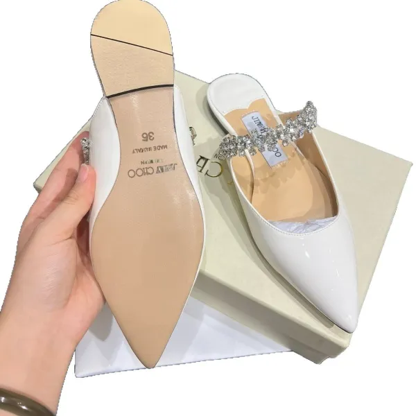 Jimmy Choo Crystal-Embellished White Patent Leather Mule Heels - 6