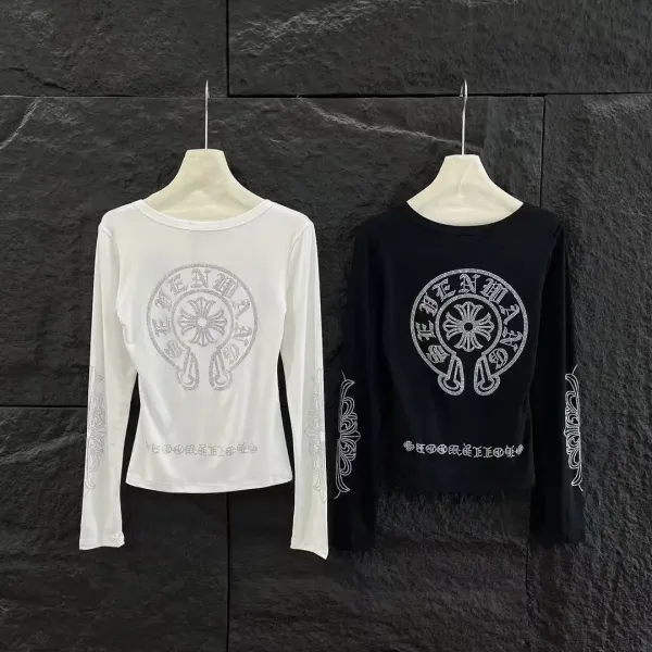Chrome Hearts x Custom Long Sleeve Crop Top - White and Black Rhinestone Embellished Tops - 3