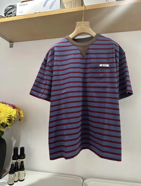 Prada Striped Crewneck T-Shirt with Contrast Collar and Chest Pocket - 5