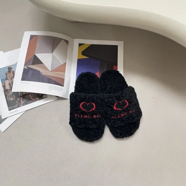 Balenciaga Fur Slippers Leopard Print with Heart Logo Slippers - 10