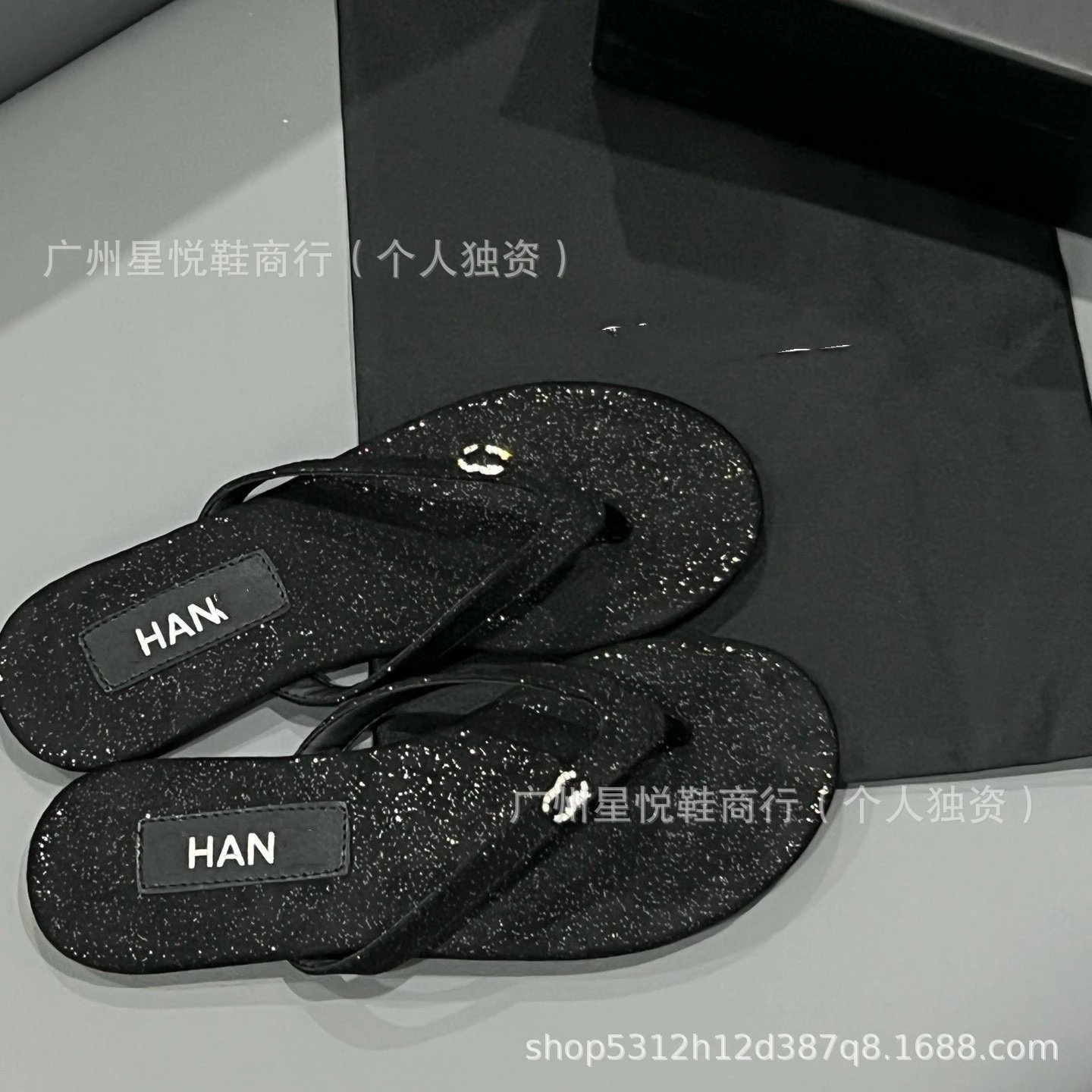 Chanel-Inspired Rhinestone-Embellished Black Velvet Flip-Flops - 16