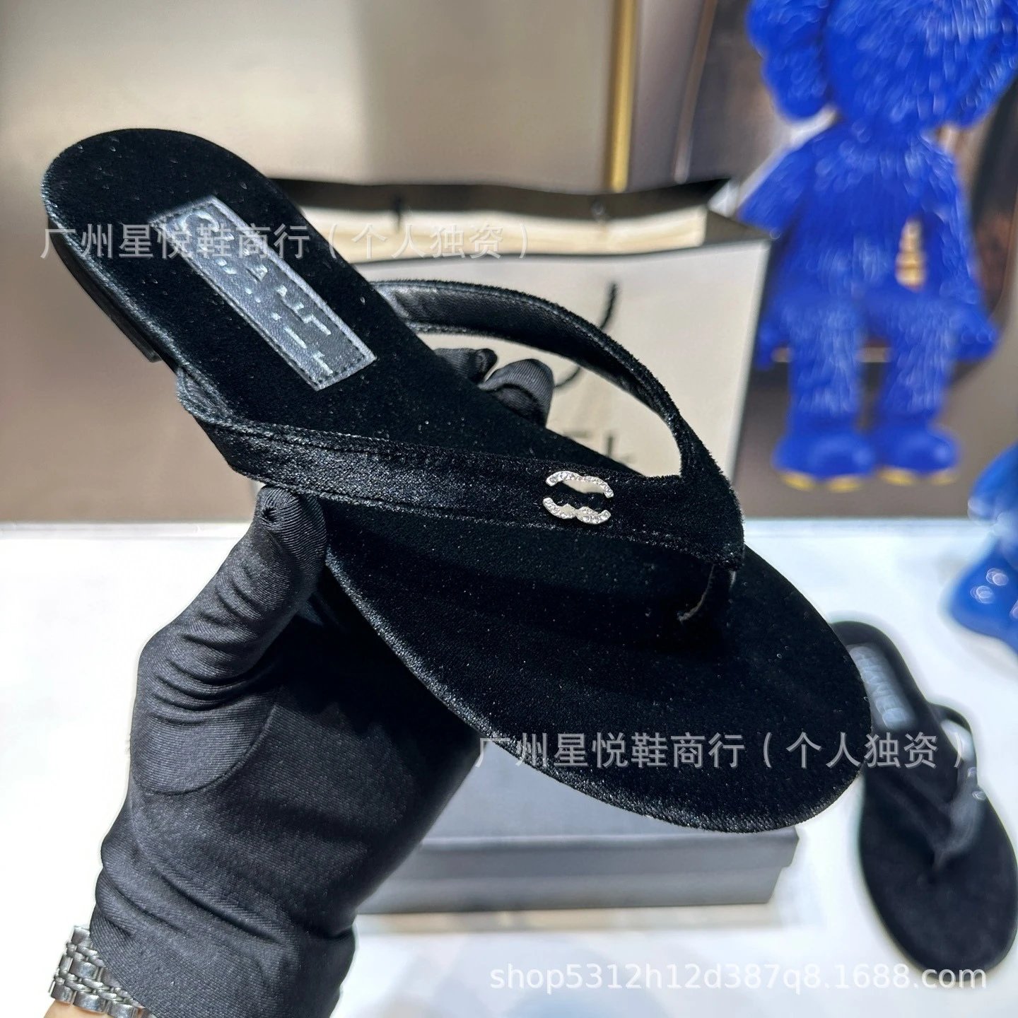 Chanel-Inspired Rhinestone-Embellished Black Velvet Flip-Flops - 25