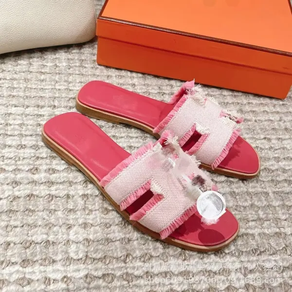 Hermès Oran Slide Sandals Green and Beige Woven Fringe Slippers - 11