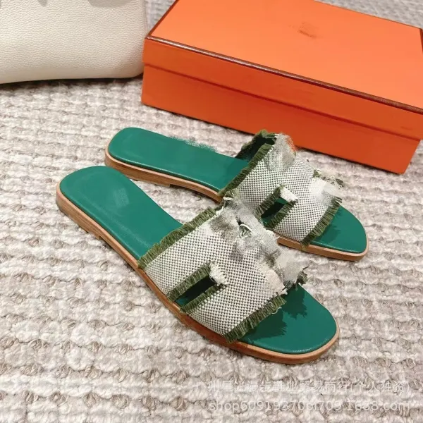 Hermès Oran Slide Sandals Green and Beige Woven Fringe Slippers - 15