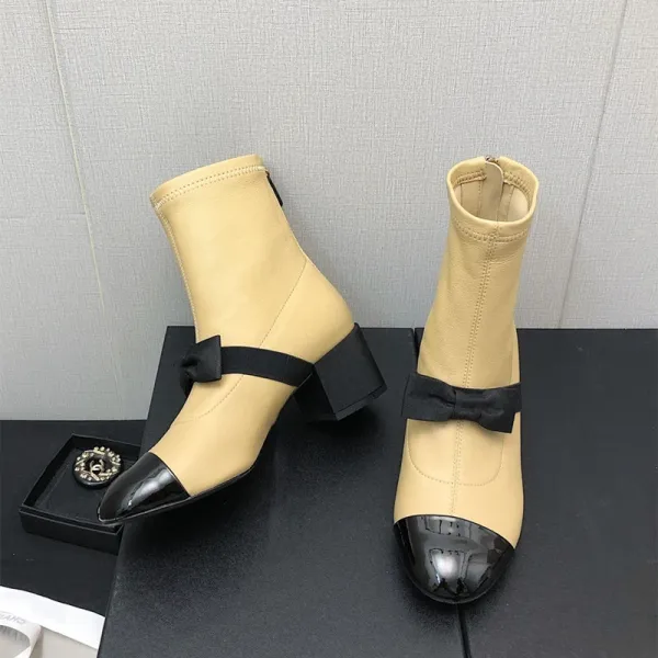 Chanel-Inspired Two-Tone Bow Ankle Boots White Black - 15