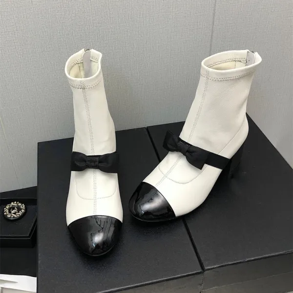 Chanel-Inspired Two-Tone Bow Ankle Boots White Black - 6