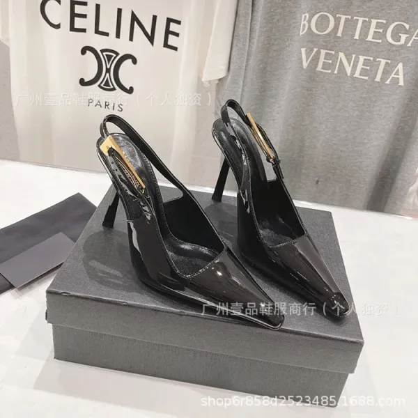 Celine Triomphe Slingback Stilettos Black Patent Leather Heels - 20